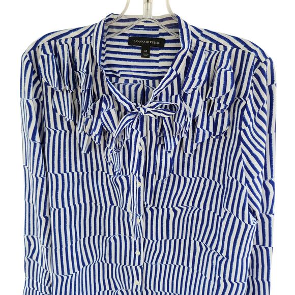 Banana Republic Elise Flutter Striped Blouse Medium Royal Blue Tie Neck Nautical - Picture 2 of 7